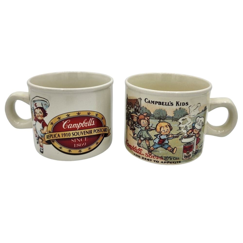 Vintage 1994 Campbell's Kids Soup Ceramic Coffee Mug Set, Replica 1910 Postcard